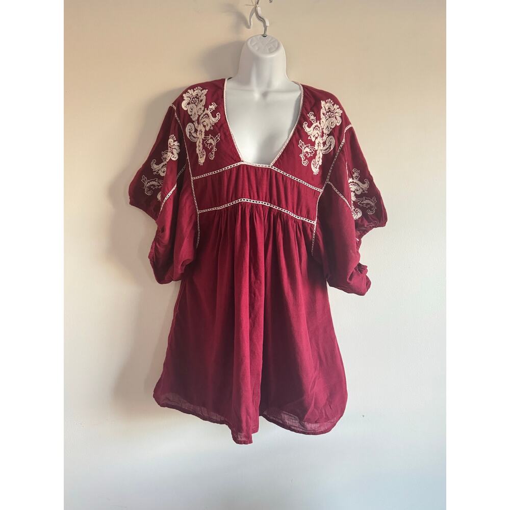 St. Roche Boho Peasant Tunic Dress M Burgundy Embroidered Organic Cotton India‎